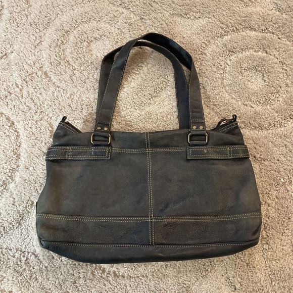 Fossil Soft Pebbled Leather Handbag Black Gray Paisley Purse EUC - Picture 2 of 8